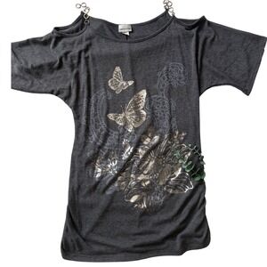 Y2K Butterfly Womens 1X Cold Shoulder Top Gray Gold Chain Detail
